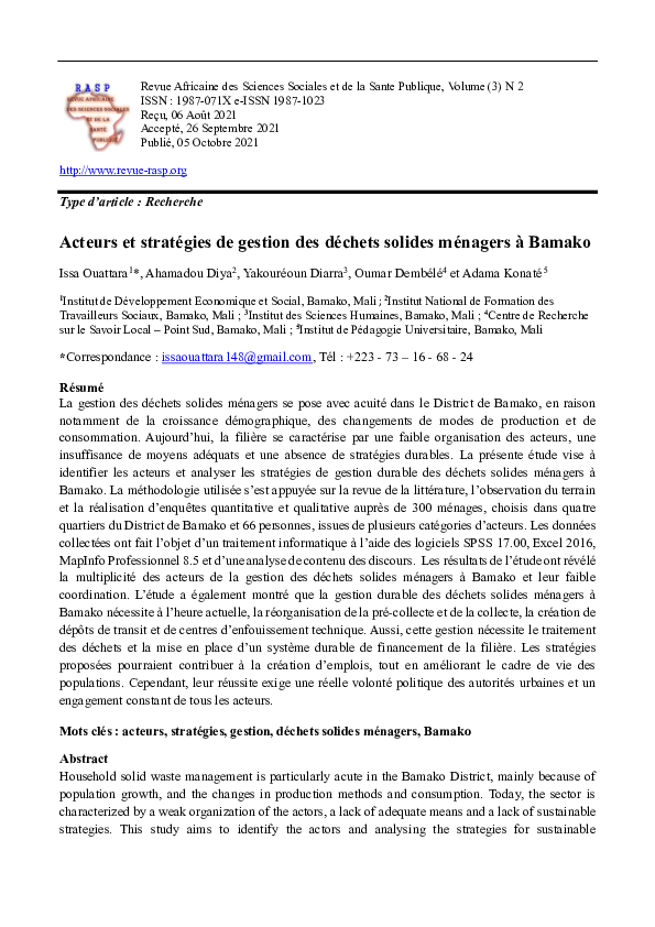 (PDF) Acteurs et stratégies de gestion des déchets solides ménagers à ...