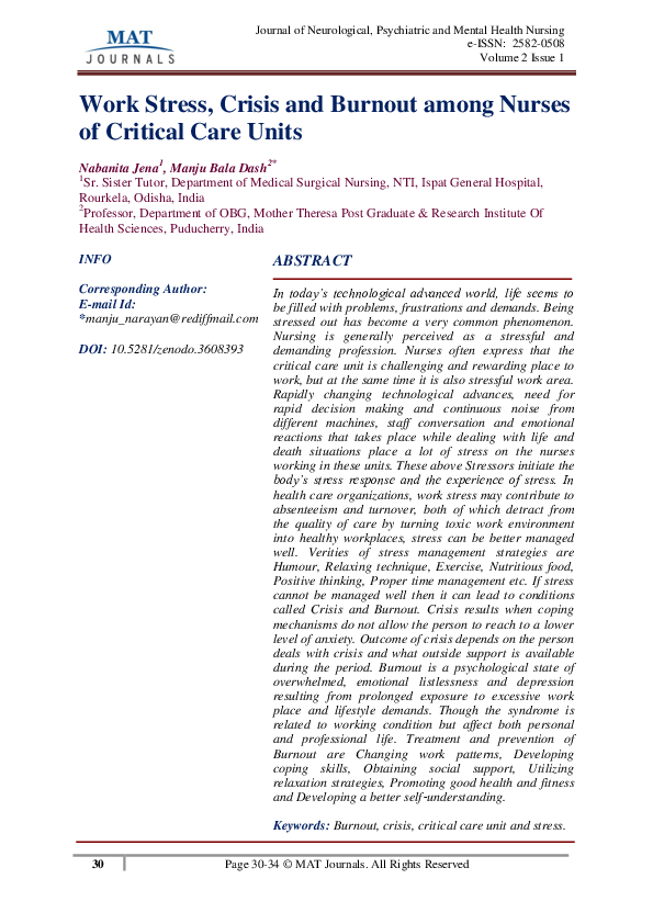 (PDF) Work Stress, Crisis and Burnout among Nurses of Critical Care Units