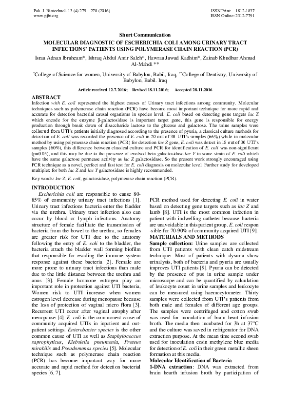 (PDF) Short Communication MOLECULAR DIAGNOSTIC OF ESCHERICHIA COLI ...