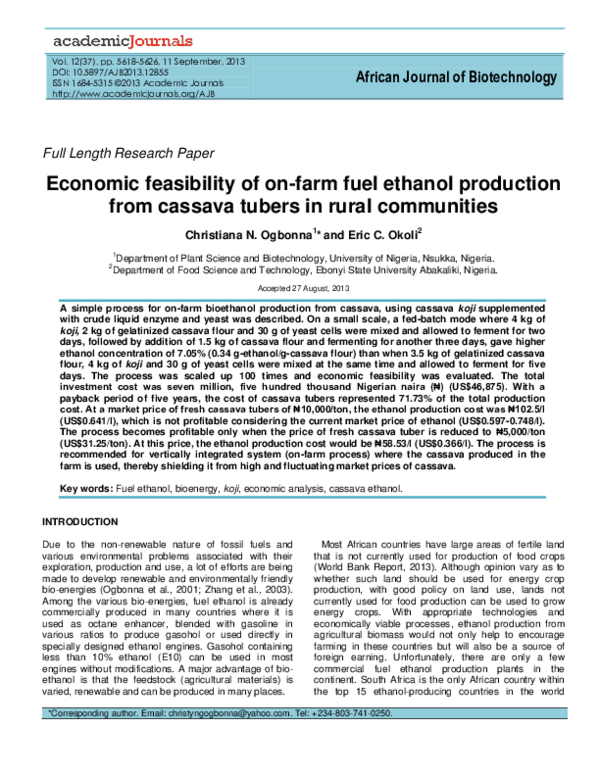 (PDF) Economic feasibility of on-farm fuel ethanol production from ...