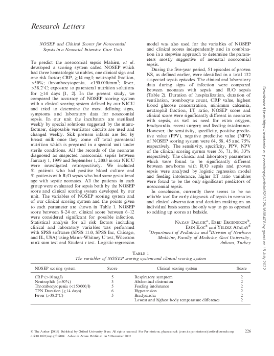 (PDF) NOSEP and Clinical Scores for Nosocomial Sepsis in a Neonatal ...