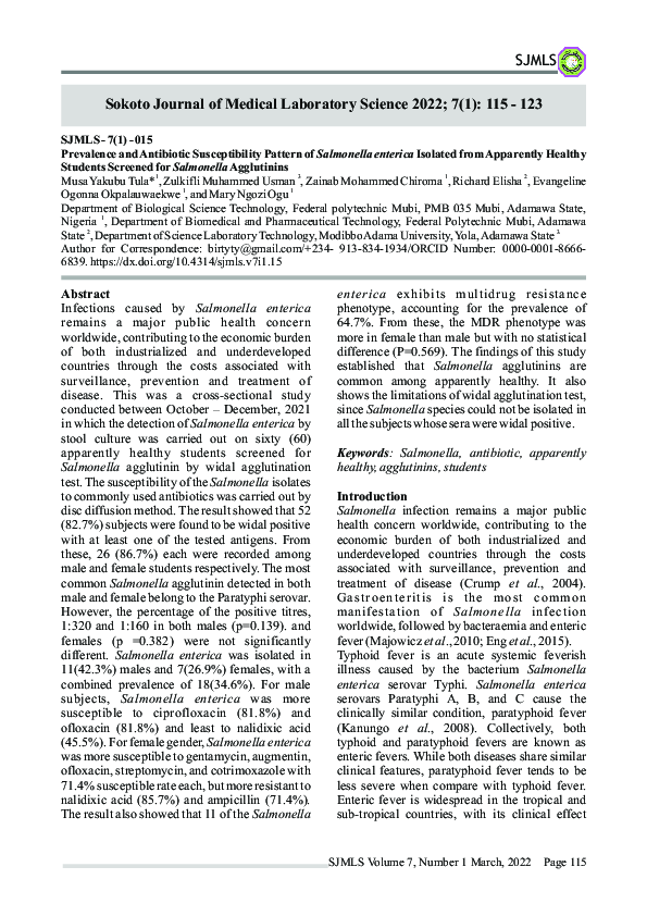 (PDF) Prevalence and Antibiotic Susceptibility Pattern of Salmonella ...