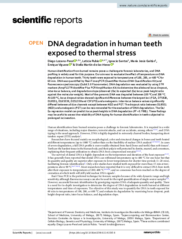 (PDF) DNA degradation in human teeth exposed to thermal stress