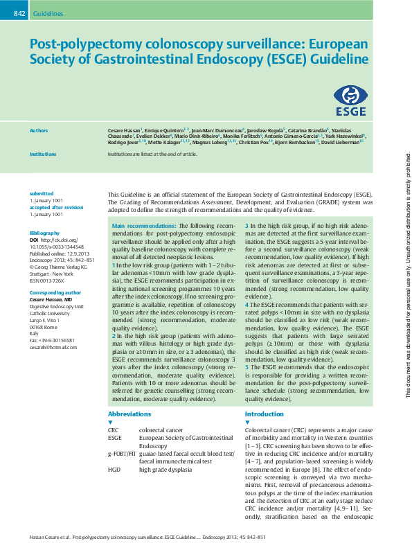 (PDF) Post-polypectomy colonoscopy surveillance: European Society of ...