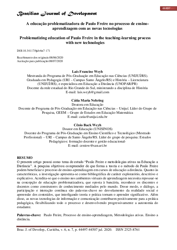 (PDF) A educação problematizadora de Paulo Freire no processo de ensino ...