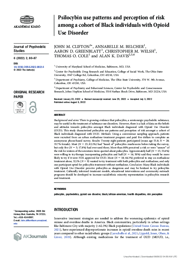 (PDF) Psilocybin use patterns and perception of risk among a cohort of ...