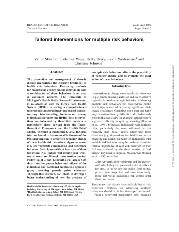 (PDF) Tailored interventions for multiple risk behaviors