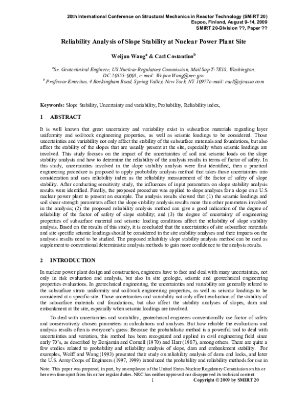 (PDF) Reliability Analysis of Slope Stability at Nuclear Power Plant Site