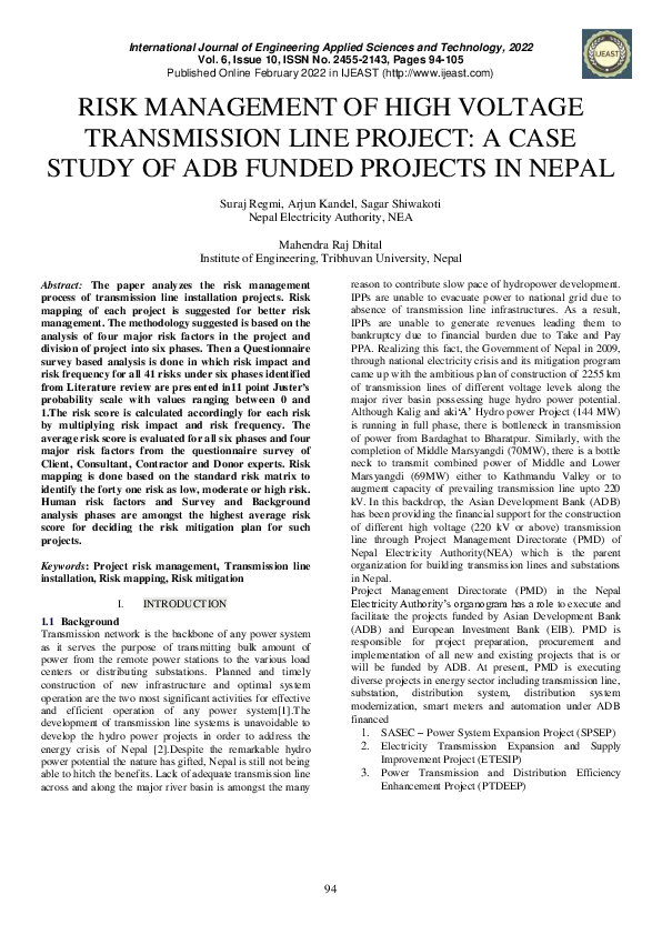 (PDF) Risk Management of High Voltage Transmission Line Project: A Case ...