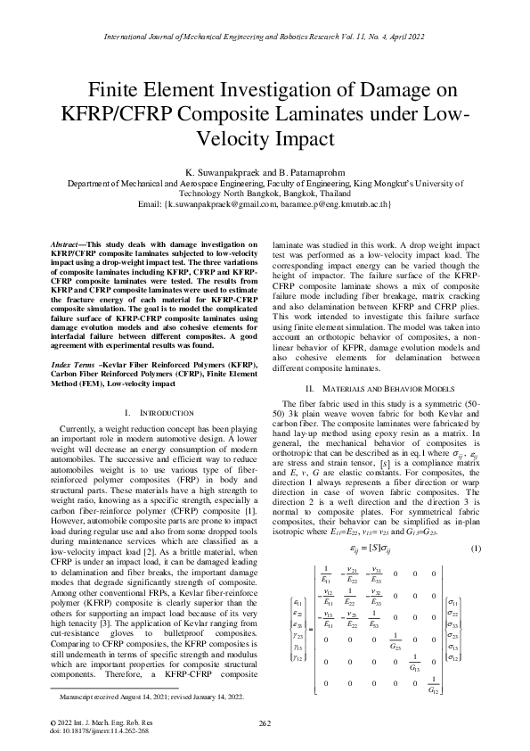 (PDF) Finite Element Investigation of Damage on KFRP/CFRP Composite ...