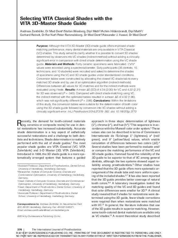 (PDF) Selecting VITA classical shades with the VITA 3Dmaster shade