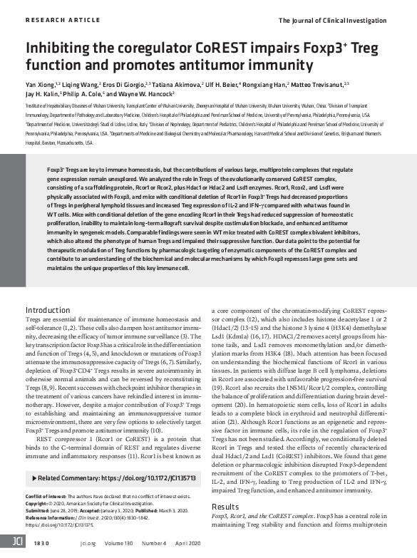 (PDF) Inhibiting the coregulator CoREST impairs Foxp3+ Treg function ...