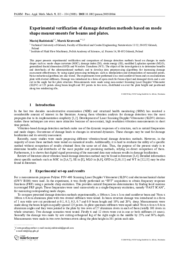 (PDF) Experimental verification of damage detection methods based on ...