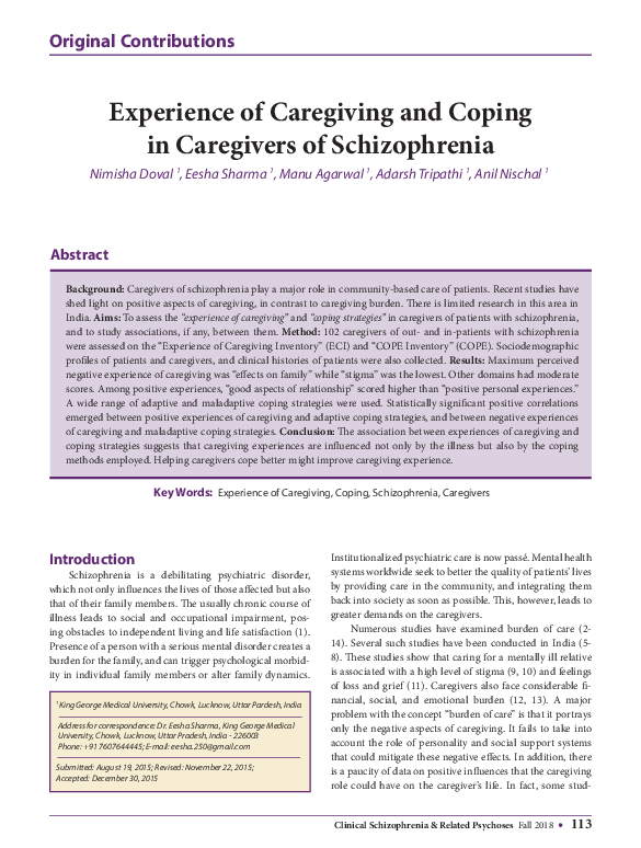 (PDF) Experience of Caregiving and Coping in Caregivers of Schizophrenia