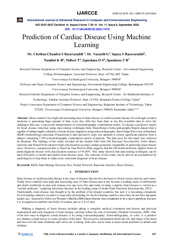 (PDF) Prediction of Cardiac Disease Using Machine Learning