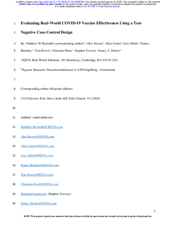 (PDF) Evaluating Real-World COVID-19 Vaccine Effectiveness Using a Test ...