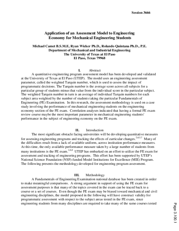 (PDF) Application Of An Assessment Model To Engineering Economy For ...