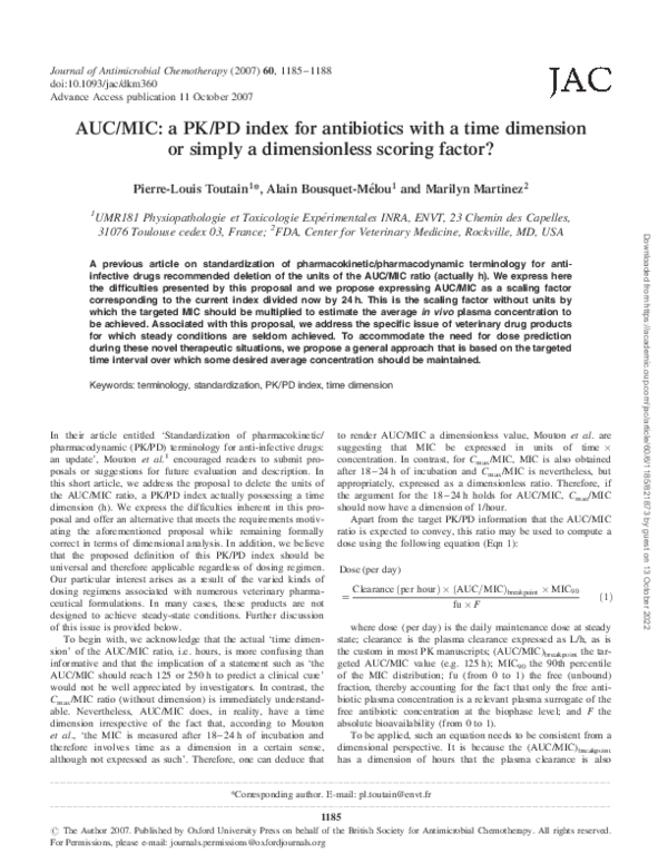 (PDF) AUC/MIC: a PK/PD index for antibiotics with a time dimension or ...