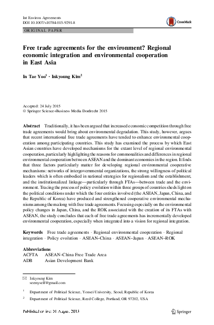 (PDF) Free trade agreements for the environment? Regional economic ...