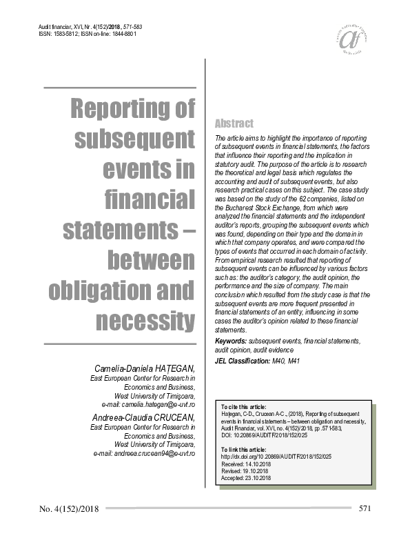 (PDF) Reporting of subsequent events in financial statements – between ...