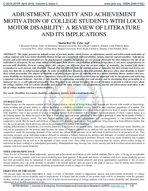 (PDF) Adjustment, Anxiety and Achievement Motivation of College ...