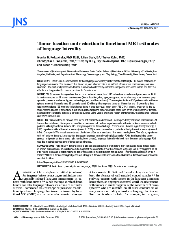 (PDF) Tumor location and reduction in functional MRI estimates of ...