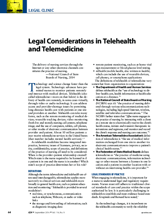 (PDF) Legal Considerations in Telehealth and Telemedicine
