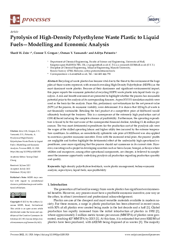 (PDF) Pyrolysis of High-Density Polyethylene Waste Plastic to Liquid ...