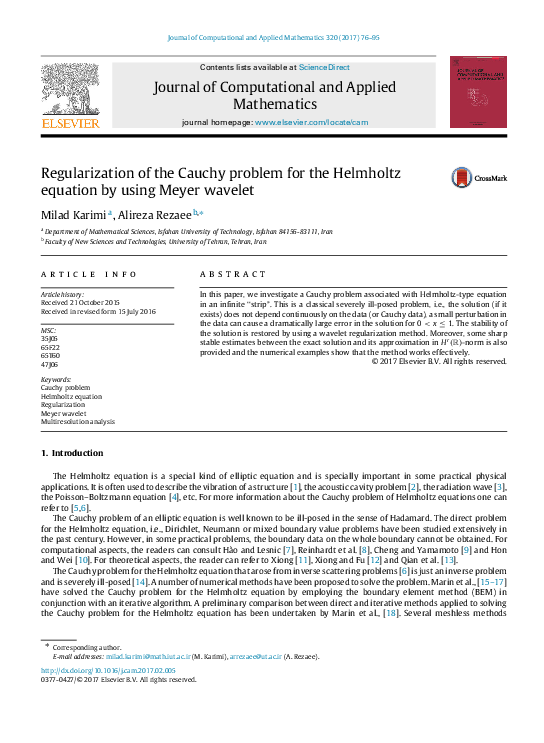 (PDF) Regularization of the Cauchy problem for the Helmholtz equation ...