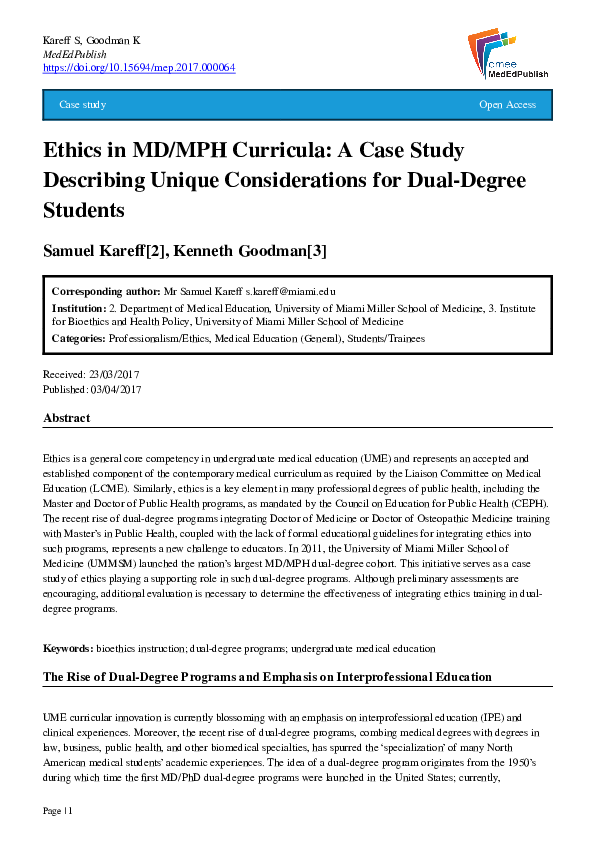 (PDF) Ethics in MD/MPH Curricula: A Case Study Describing Unique ...