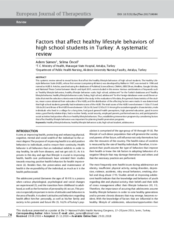 (PDF) Factors that affect healthy lifestyle behaviors of high school ...