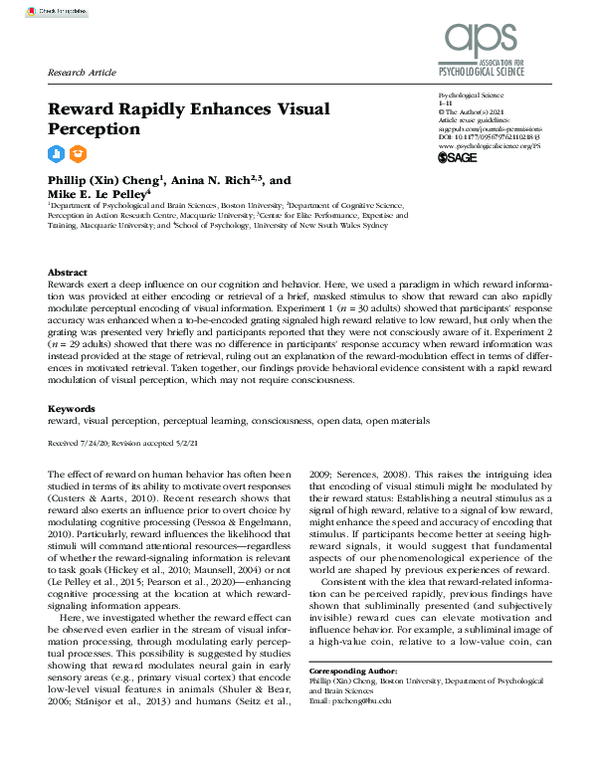 (PDF) Reward Rapidly Enhances Visual Perception
