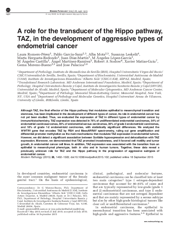 (PDF) A role for the transducer of the Hippo pathway, TAZ, in the ...