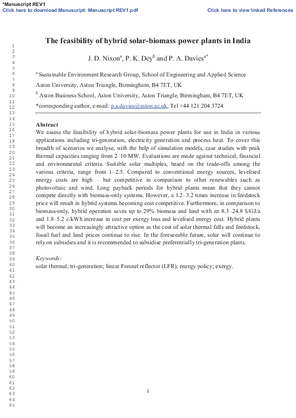 (PDF) The feasibility of hybrid solarbiomass power plants in India
