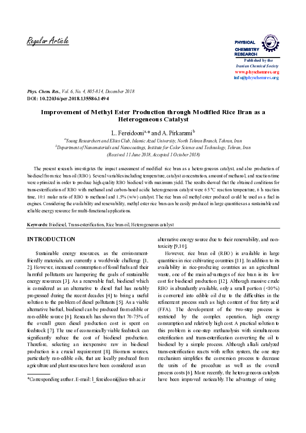 (PDF) Improvement of Methyl Ester Production through Modified Rice Bran ...