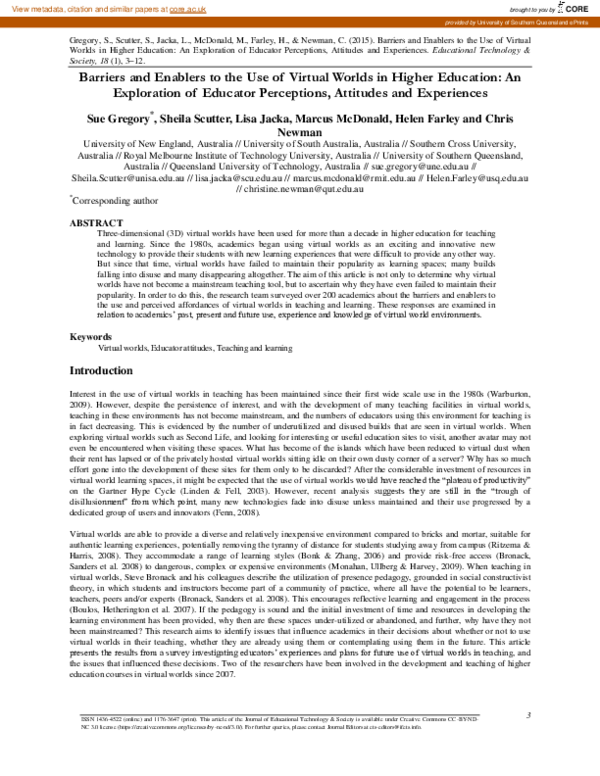 (PDF) Barriers and Enablers to the Use of Virtual Worlds in Higher ...