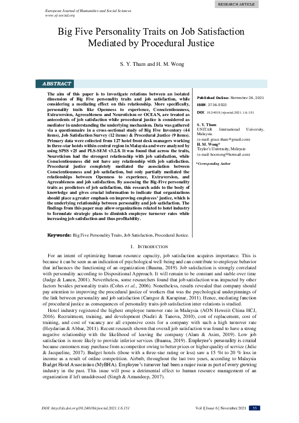 (PDF) The Big Five Personality Traits on Job Satisfaction Mediated by ...