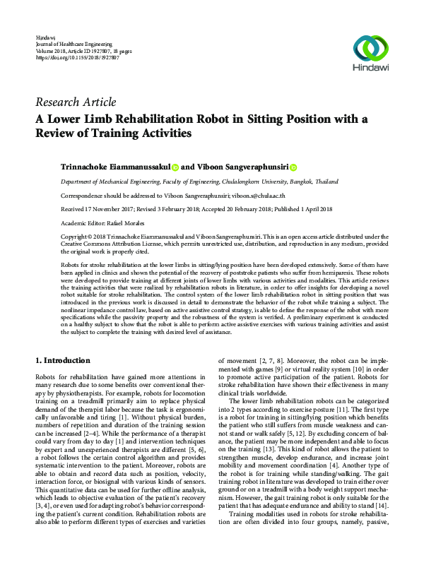 (PDF) A Lower Limb Rehabilitation Robot in Sitting Position with a ...