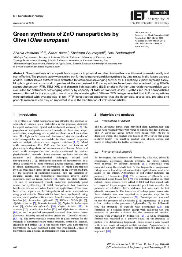 (PDF) Green synthesis of ZnO nanoparticles by Olive ( Olea europaea )