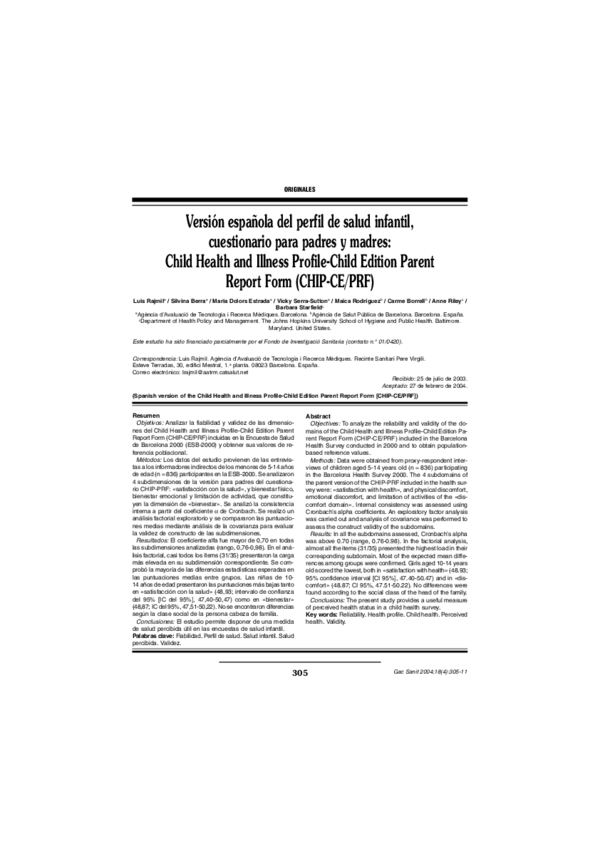 (PDF) Versión española del perfil de salud infantil, cuestionario para ...