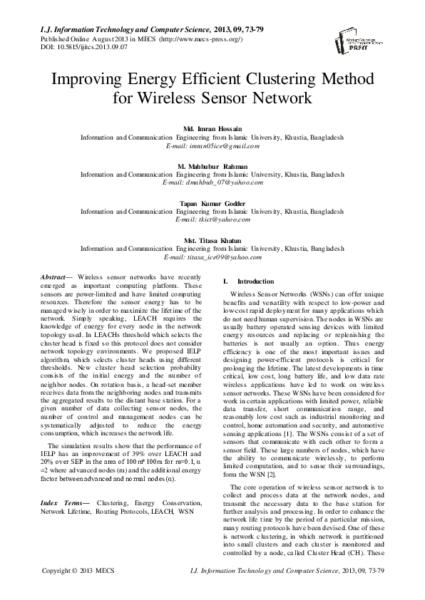 (PDF) Improving Energy Efficient Clustering Method for Wireless Sensor ...