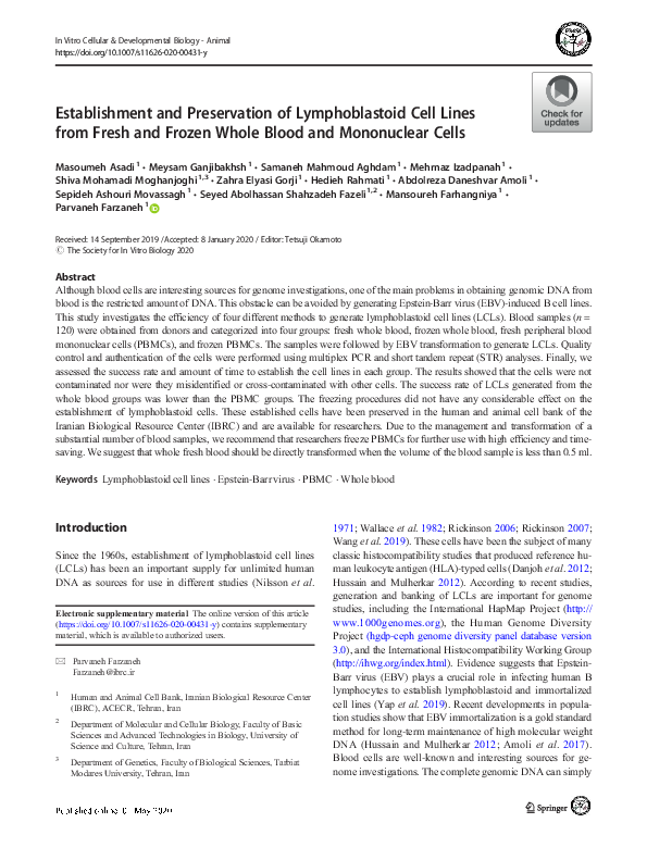 (PDF) Establishment and Preservation of Lymphoblastoid Cell Lines from ...