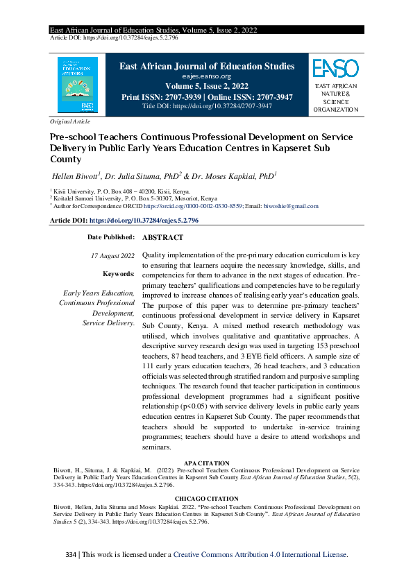 (PDF) Pre-school Teachers Continuous Professional Development on ...