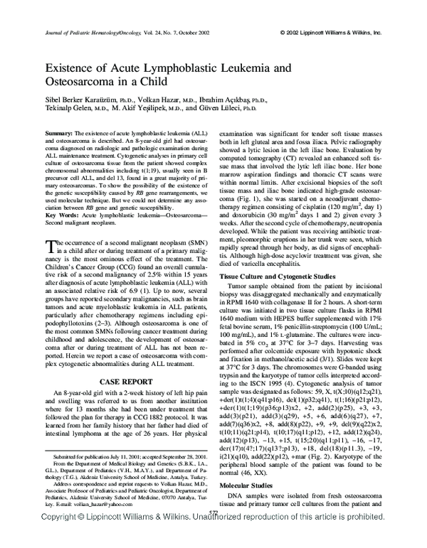 (PDF) Existence of Acute Lymphoblastic Leukemia and Osteosarcoma in a Child