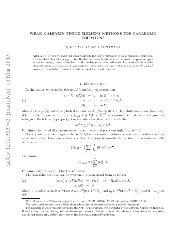 (PDF) Weak Galerkin finite element methods for Parabolic equations
