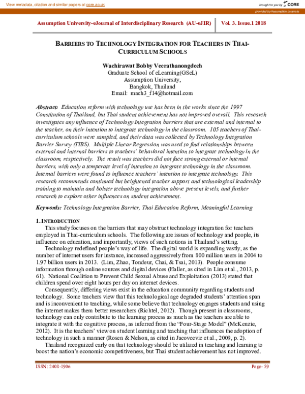 (PDF) Barriers to Technology Integration for Teachers in Thai ...
