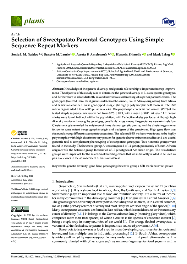(PDF) Selection of Sweetpotato Parental Genotypes Using Simple Sequence ...
