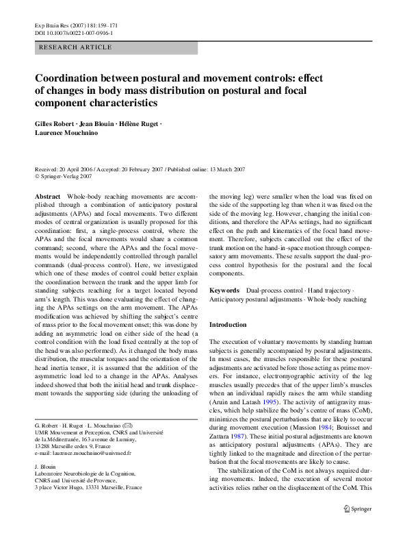 (PDF) Coordination between postural and movement controls: effect of ...