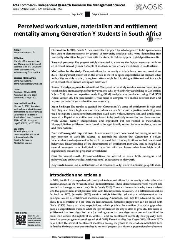 (PDF) Perceived work values, materialism and entitlement mentality ...