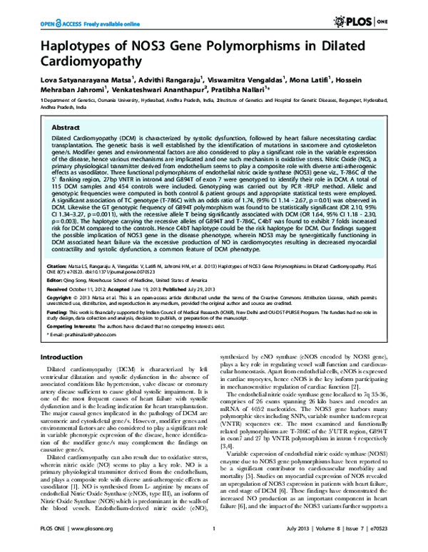 (PDF) Haplotypes of NOS3 Gene Polymorphisms in Dilated Cardiomyopathy